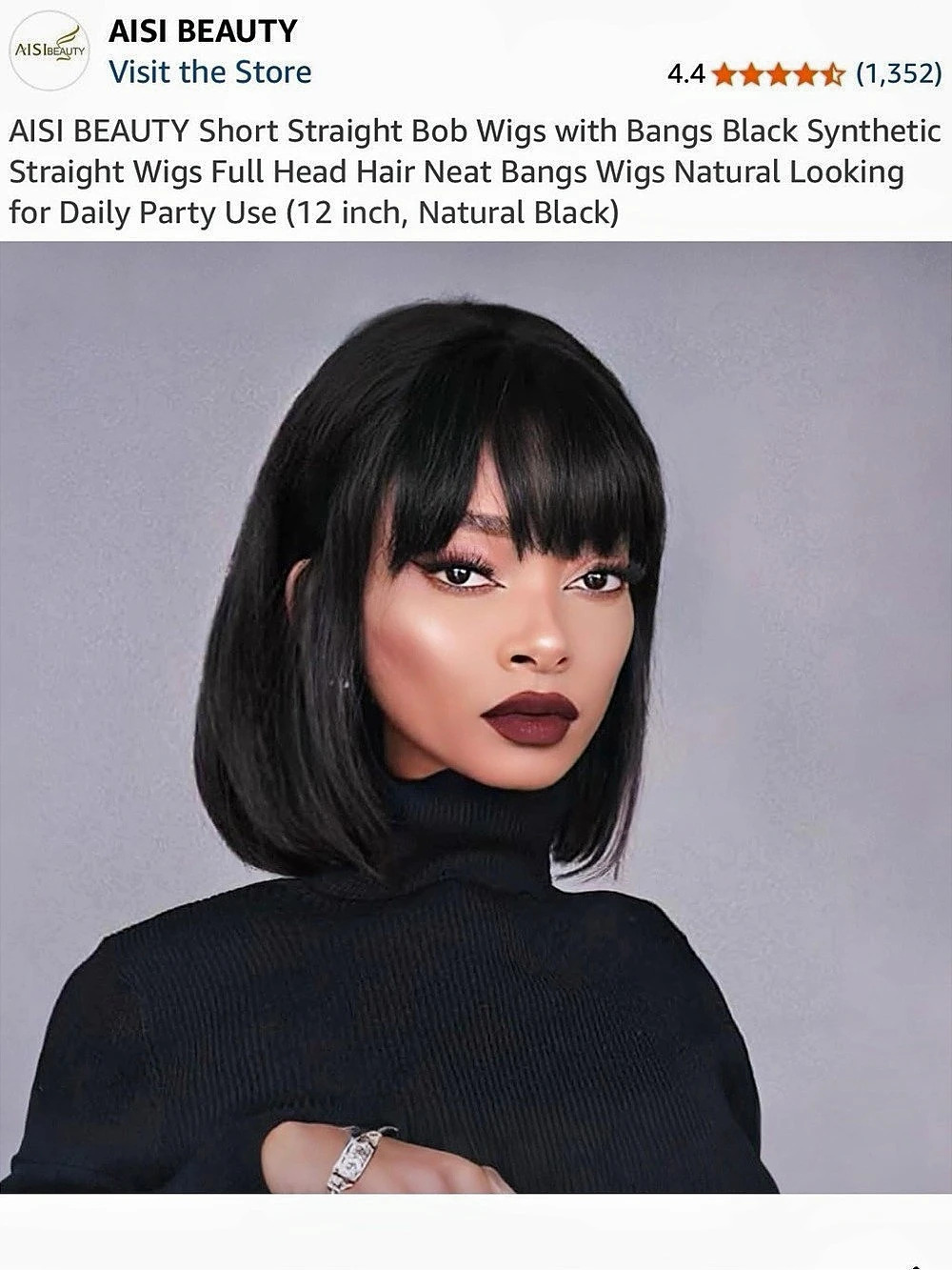 AISI BEAUTY Short Straight Bob Wig with Bangs Black NWT